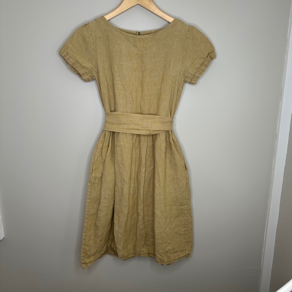 Simply Grey Linen Dress Womens XS Tan Khaki Casual Midi Pockets Short Sleeve‎